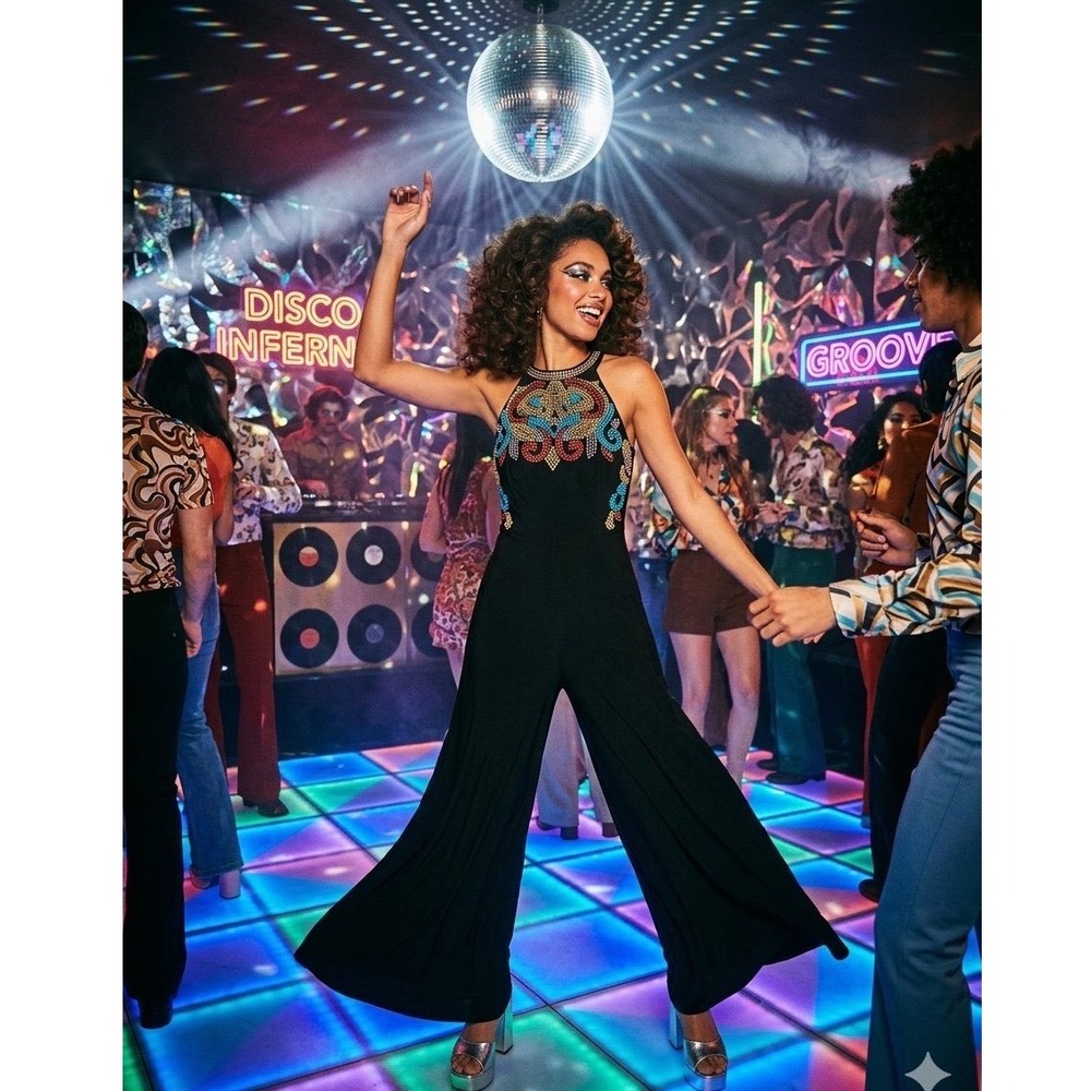 Venus Black Embellished Rhinestone Halter Wide Leg Jumpsuit XS Disco Retro